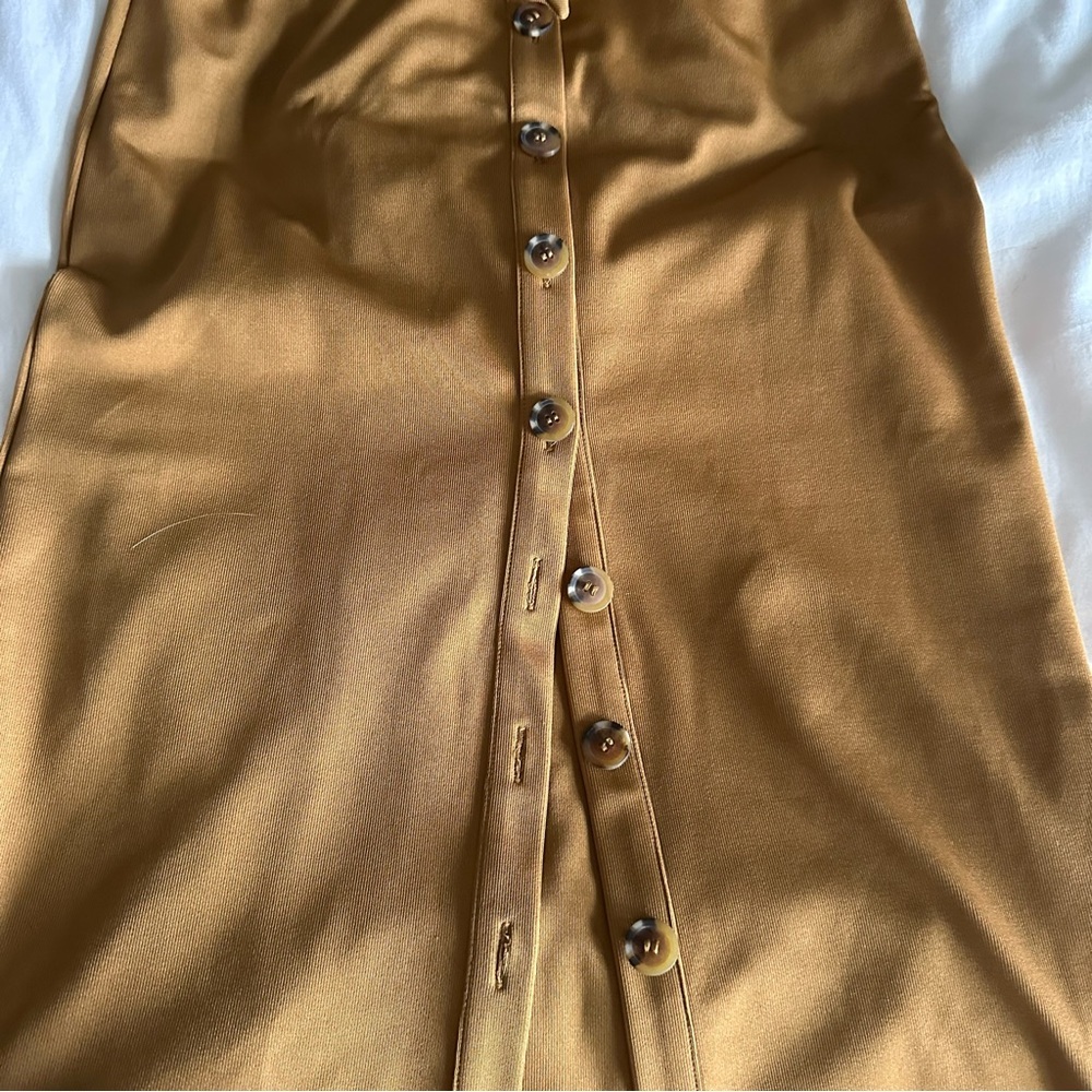 Gold Color Ribbed Strapless Midi Dress - Picture 2 of 12